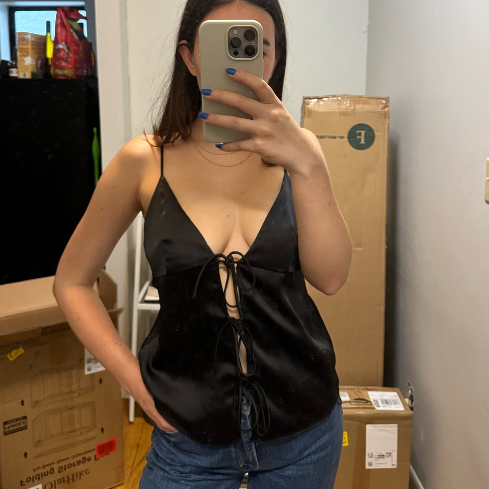 Zara Black Satin Tie Front Top